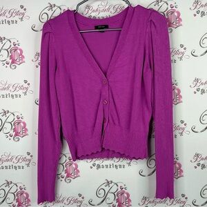 RW&CO. Cardigan button up scallop hem puff sleeves Vibrant Pink Cardigan